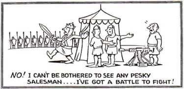 Cartoon: a general too busy fighting with swords to see a salesman offering a machine gun
